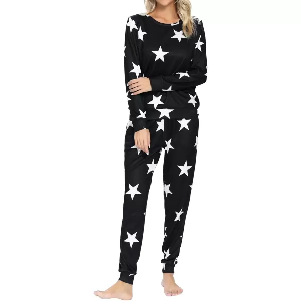 SWOMOG Womens Pajama Sets 2 Pcs Printed Lounge Sets Long Sleeve Sleepwear O Neck Pjs Sets with PocketsBlack Star