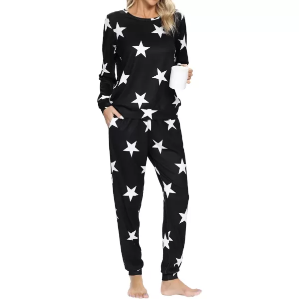 SWOMOG Womens Pajama Sets 2 Pcs Printed Lounge Sets Long Sleeve Sleepwear O Neck Pjs Sets with PocketsBlack Star