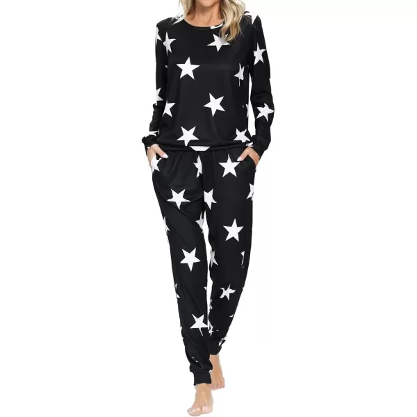 SWOMOG Womens Pajama Sets 2 Pcs Printed Lounge Sets Long Sleeve Sleepwear O Neck Pjs Sets with PocketsBlack Star