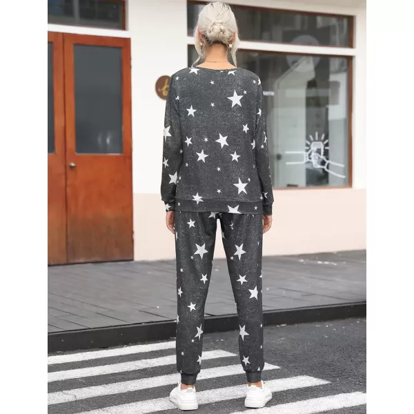 SWOMOG Womens Pajama Sets 2 Pcs Printed Lounge Sets Long Sleeve Sleepwear O Neck Pjs Sets with PocketsDark Gray Star