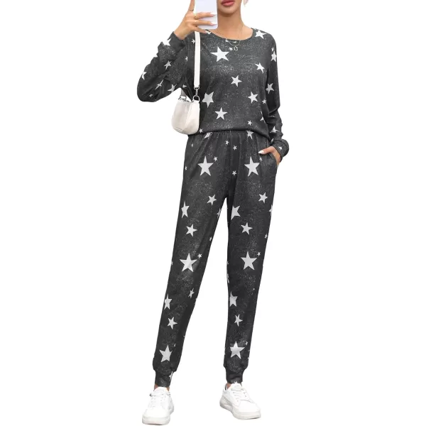 SWOMOG Womens Pajama Sets 2 Pcs Printed Lounge Sets Long Sleeve Sleepwear O Neck Pjs Sets with PocketsDark Gray Star