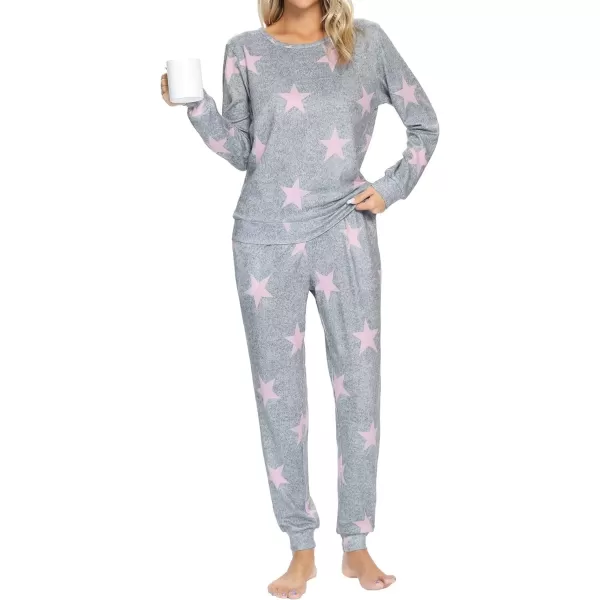 SWOMOG Womens Pajama Sets 2 Pcs Printed Lounge Sets Long Sleeve Sleepwear O Neck Pjs Sets with PocketsGray Star