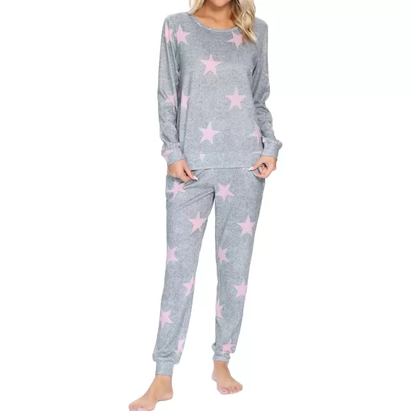 SWOMOG Womens Pajama Sets 2 Pcs Printed Lounge Sets Long Sleeve Sleepwear O Neck Pjs Sets with PocketsGray Star