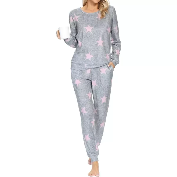 SWOMOG Womens Pajama Sets 2 Pcs Printed Lounge Sets Long Sleeve Sleepwear O Neck Pjs Sets with PocketsGray Star