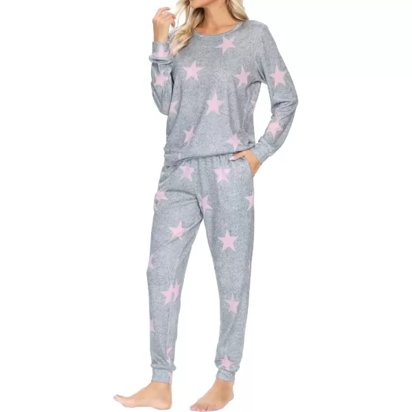 SWOMOG Womens Pajama Sets 2 Pcs Printed Lounge Sets Long Sleeve Sleepwear O Neck Pjs Sets with PocketsGray Star