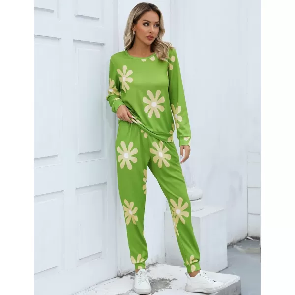 SWOMOG Womens Pajama Sets 2 Pcs Printed Lounge Sets Long Sleeve Sleepwear O Neck Pjs Sets with PocketsGreen Flower