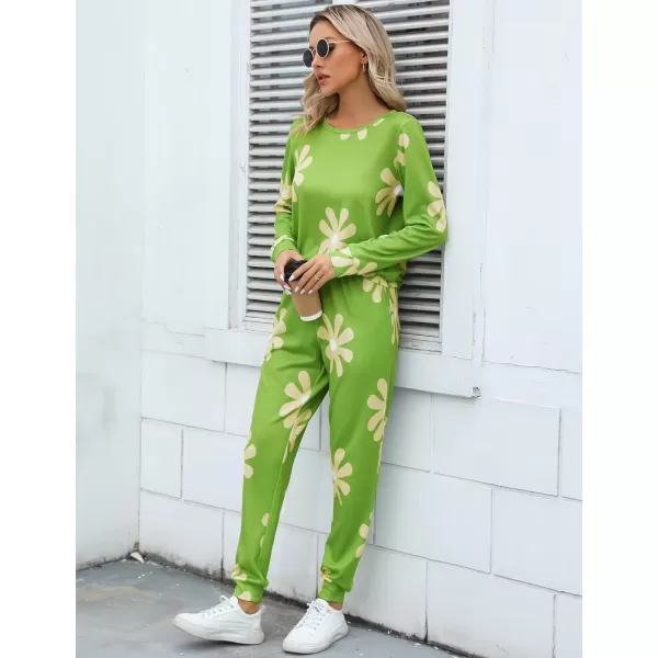 SWOMOG Womens Pajama Sets 2 Pcs Printed Lounge Sets Long Sleeve Sleepwear O Neck Pjs Sets with PocketsGreen Flower