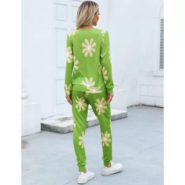 SWOMOG Womens Pajama Sets 2 Pcs Printed Lounge Sets Long Sleeve Sleepwear O Neck Pjs Sets with PocketsGreen Flower