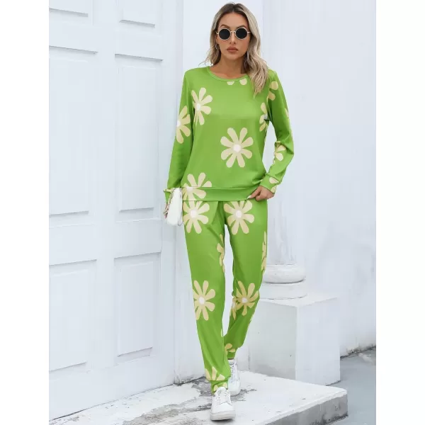 SWOMOG Womens Pajama Sets 2 Pcs Printed Lounge Sets Long Sleeve Sleepwear O Neck Pjs Sets with PocketsGreen Flower