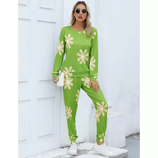 SWOMOG Womens Pajama Sets 2 Pcs Printed Lounge Sets Long Sleeve Sleepwear O Neck Pjs Sets with PocketsGreen Flower