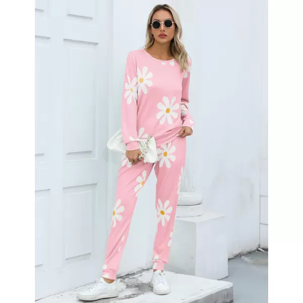 SWOMOG Womens Pajama Sets 2 Pcs Printed Lounge Sets Long Sleeve Sleepwear O Neck Pjs Sets with PocketsPink Flower