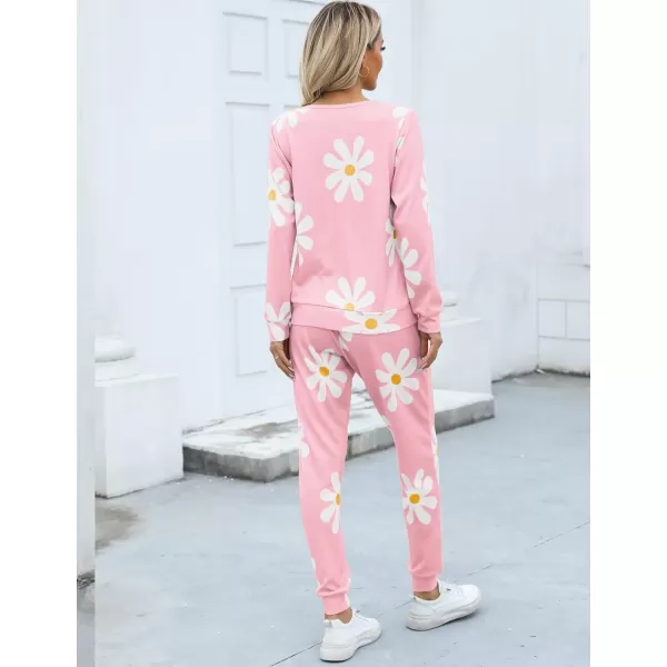 SWOMOG Womens Pajama Sets 2 Pcs Printed Lounge Sets Long Sleeve Sleepwear O Neck Pjs Sets with PocketsPink Flower