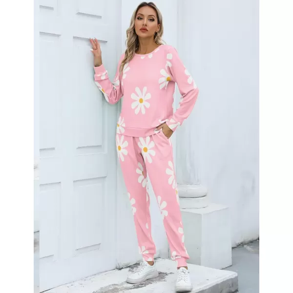 SWOMOG Womens Pajama Sets 2 Pcs Printed Lounge Sets Long Sleeve Sleepwear O Neck Pjs Sets with PocketsPink Flower