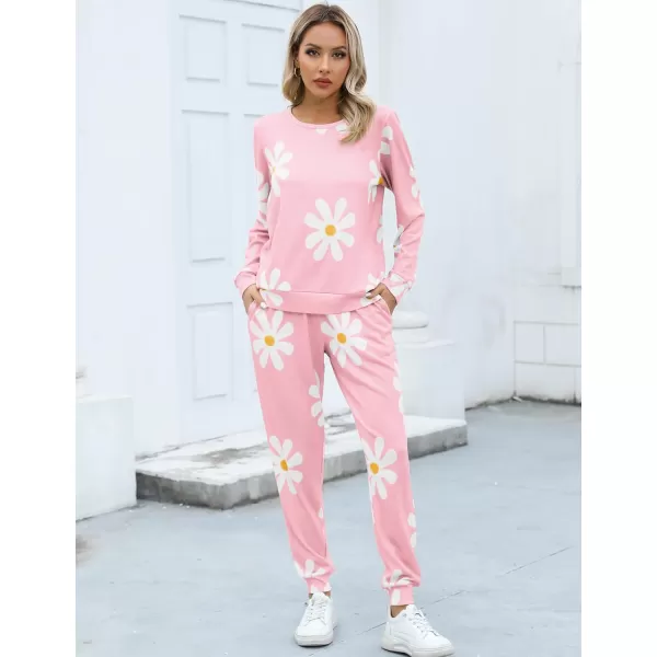 SWOMOG Womens Pajama Sets 2 Pcs Printed Lounge Sets Long Sleeve Sleepwear O Neck Pjs Sets with PocketsPink Flower