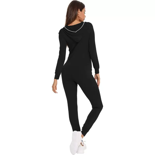 SWOMOG Womens Pajamas Jumpsuits Zipup Hoodie Union Jumpsuit Romper Sexy Onesie Long Sleeve Bodysuits One Piece SleepwearBlack