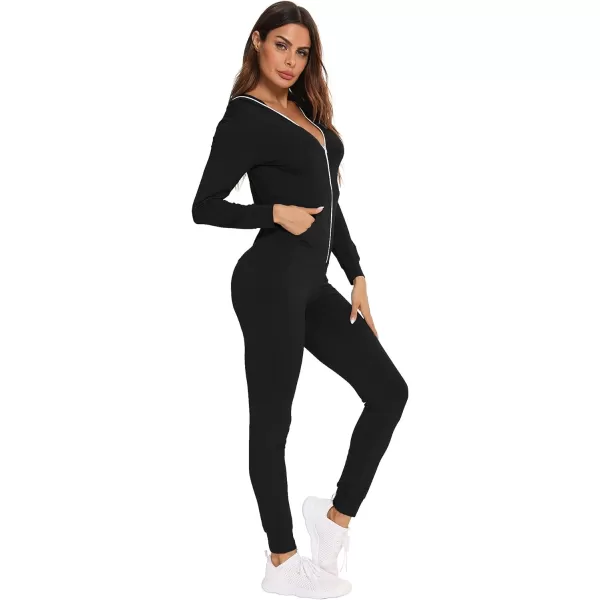 SWOMOG Womens Pajamas Jumpsuits Zipup Hoodie Union Jumpsuit Romper Sexy Onesie Long Sleeve Bodysuits One Piece SleepwearBlack