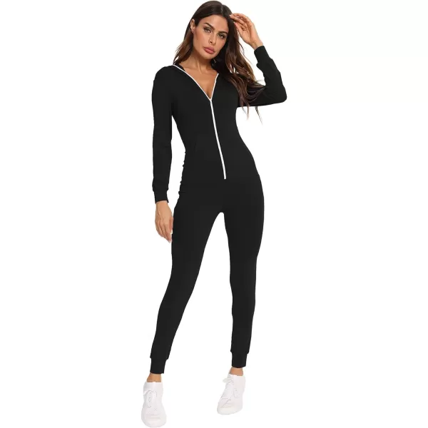 SWOMOG Womens Pajamas Jumpsuits Zipup Hoodie Union Jumpsuit Romper Sexy Onesie Long Sleeve Bodysuits One Piece SleepwearBlack