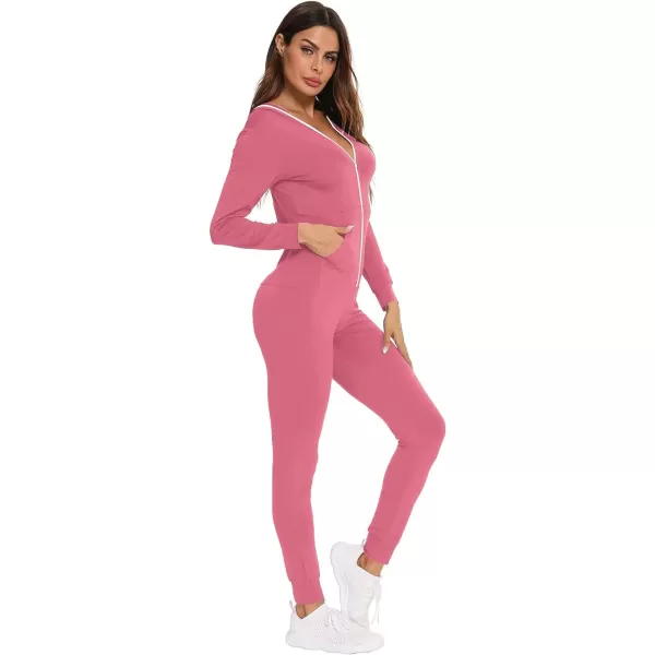 SWOMOG Womens Pajamas Jumpsuits Zipup Hoodie Union Jumpsuit Romper Sexy Onesie Long Sleeve Bodysuits One Piece SleepwearCoral