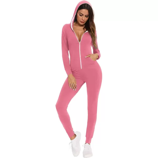 SWOMOG Womens Pajamas Jumpsuits Zipup Hoodie Union Jumpsuit Romper Sexy Onesie Long Sleeve Bodysuits One Piece SleepwearCoral