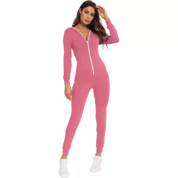 SWOMOG Womens Pajamas Jumpsuits Zipup Hoodie Union Jumpsuit Romper Sexy Onesie Long Sleeve Bodysuits One Piece SleepwearCoral