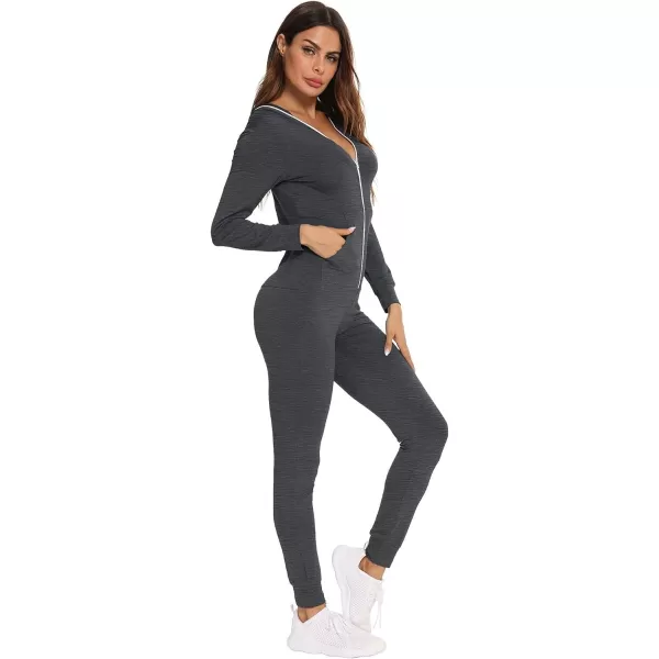 SWOMOG Womens Pajamas Jumpsuits Zipup Hoodie Union Jumpsuit Romper Sexy Onesie Long Sleeve Bodysuits One Piece SleepwearDeep Grey