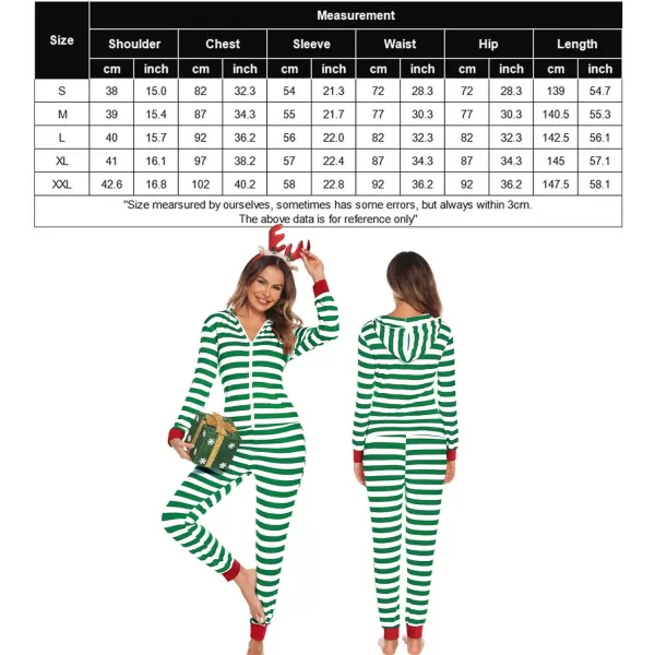 SWOMOG Womens Pajamas Jumpsuits Zipup Hoodie Union Jumpsuit Romper Sexy Onesie Long Sleeve Bodysuits One Piece SleepwearGreen and White Striped