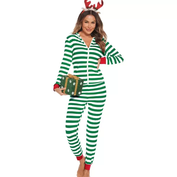 SWOMOG Womens Pajamas Jumpsuits Zipup Hoodie Union Jumpsuit Romper Sexy Onesie Long Sleeve Bodysuits One Piece SleepwearGreen and White Striped