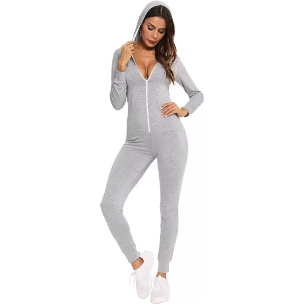 SWOMOG Womens Pajamas Jumpsuits Zipup Hoodie Union Jumpsuit Romper Sexy Onesie Long Sleeve Bodysuits One Piece SleepwearGrey