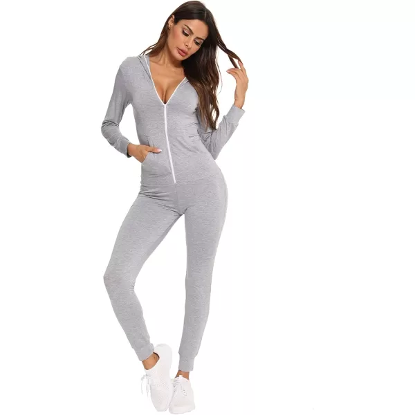 SWOMOG Womens Pajamas Jumpsuits Zipup Hoodie Union Jumpsuit Romper Sexy Onesie Long Sleeve Bodysuits One Piece SleepwearGrey