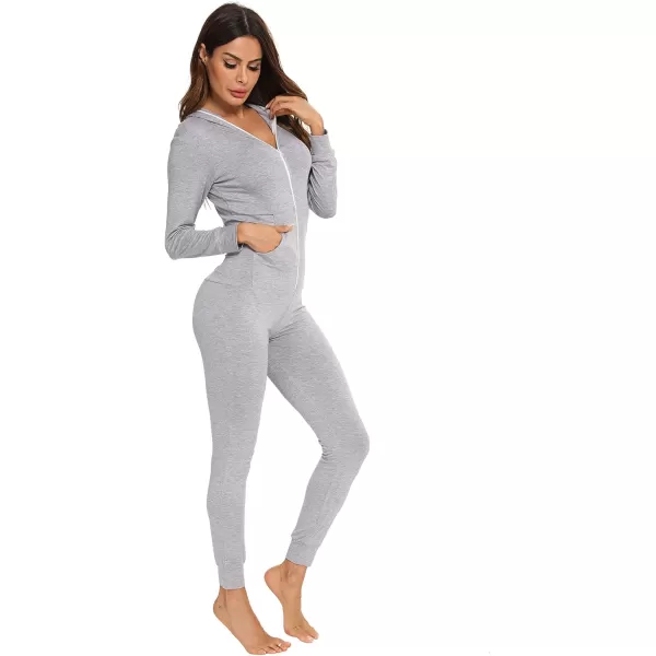 SWOMOG Womens Pajamas Jumpsuits Zipup Hoodie Union Jumpsuit Romper Sexy Onesie Long Sleeve Bodysuits One Piece SleepwearGrey