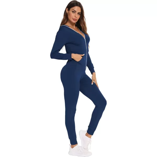 SWOMOG Womens Pajamas Jumpsuits Zipup Hoodie Union Jumpsuit Romper Sexy Onesie Long Sleeve Bodysuits One Piece SleepwearNavy Blue