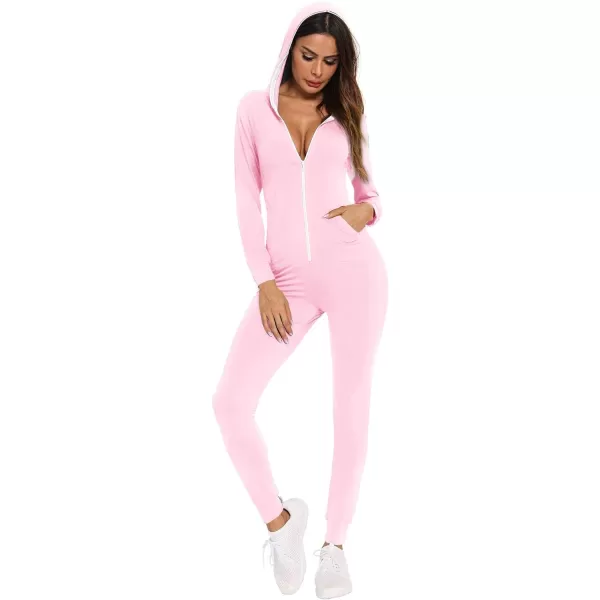 SWOMOG Womens Pajamas Jumpsuits Zipup Hoodie Union Jumpsuit Romper Sexy Onesie Long Sleeve Bodysuits One Piece SleepwearPink