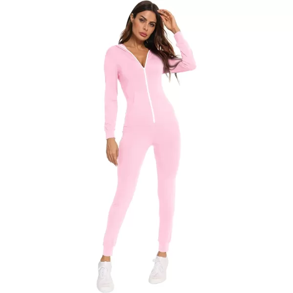 SWOMOG Womens Pajamas Jumpsuits Zipup Hoodie Union Jumpsuit Romper Sexy Onesie Long Sleeve Bodysuits One Piece SleepwearPink