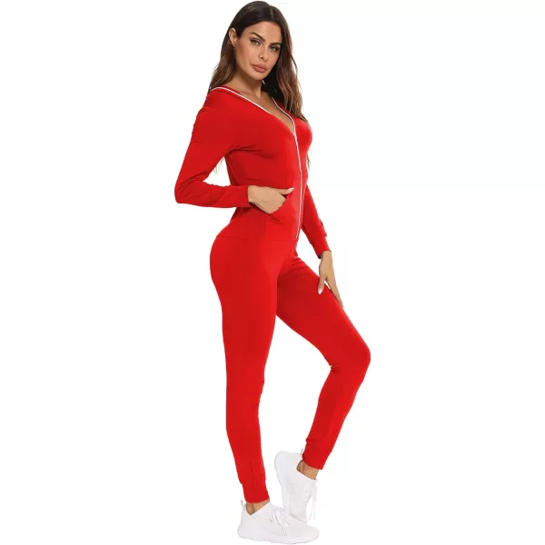 SWOMOG Womens Pajamas Jumpsuits Zipup Hoodie Union Jumpsuit Romper Sexy Onesie Long Sleeve Bodysuits One Piece SleepwearRed