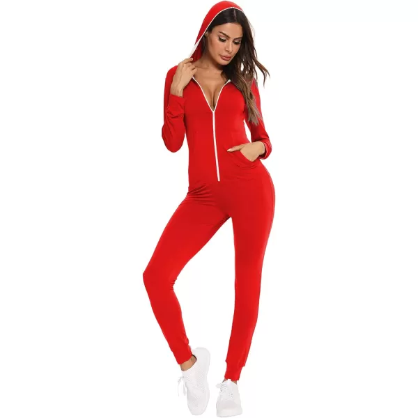 SWOMOG Womens Pajamas Jumpsuits Zipup Hoodie Union Jumpsuit Romper Sexy Onesie Long Sleeve Bodysuits One Piece SleepwearRed