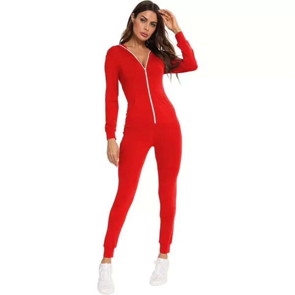 SWOMOG Womens Pajamas Jumpsuits Zipup Hoodie Union Jumpsuit Romper Sexy Onesie Long Sleeve Bodysuits One Piece SleepwearRed