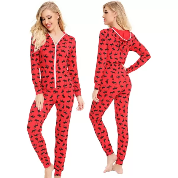 SWOMOG Womens Pajamas Jumpsuits Zipup Hoodie Union Jumpsuit Romper Sexy Onesie Long Sleeve Bodysuits One Piece SleepwearRed Deer