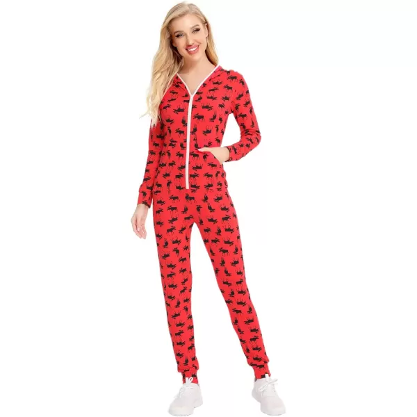 SWOMOG Womens Pajamas Jumpsuits Zipup Hoodie Union Jumpsuit Romper Sexy Onesie Long Sleeve Bodysuits One Piece SleepwearRed Deer