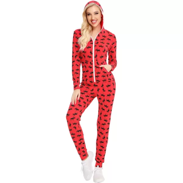 SWOMOG Womens Pajamas Jumpsuits Zipup Hoodie Union Jumpsuit Romper Sexy Onesie Long Sleeve Bodysuits One Piece SleepwearRed Deer