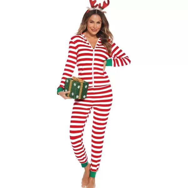 SWOMOG Womens Pajamas Jumpsuits Zipup Hoodie Union Jumpsuit Romper Sexy Onesie Long Sleeve Bodysuits One Piece SleepwearRed and White Striped