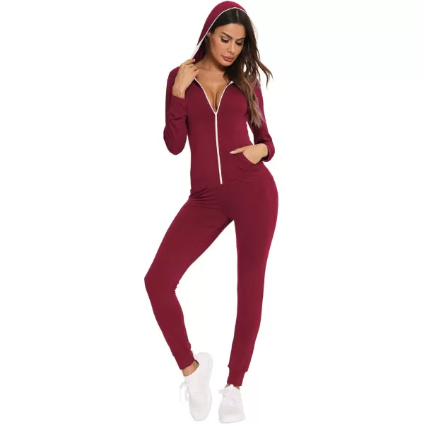 SWOMOG Womens Pajamas Jumpsuits Zipup Hoodie Union Jumpsuit Romper Sexy Onesie Long Sleeve Bodysuits One Piece SleepwearWine Red