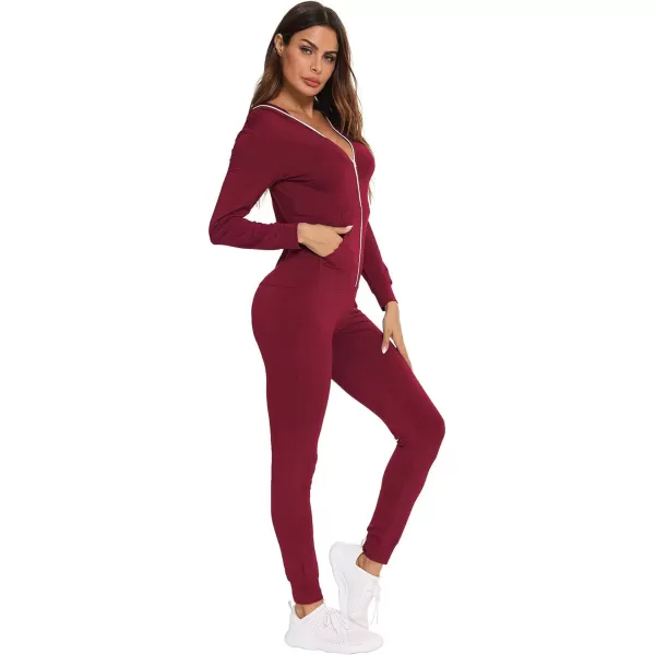 SWOMOG Womens Pajamas Jumpsuits Zipup Hoodie Union Jumpsuit Romper Sexy Onesie Long Sleeve Bodysuits One Piece SleepwearWine Red