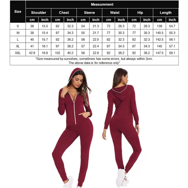 SWOMOG Womens Pajamas Jumpsuits Zipup Hoodie Union Jumpsuit Romper Sexy Onesie Long Sleeve Bodysuits One Piece SleepwearWine Red