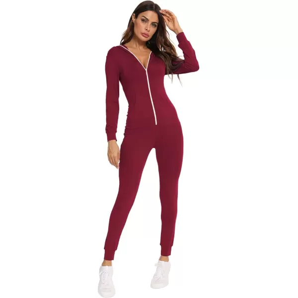 SWOMOG Womens Pajamas Jumpsuits Zipup Hoodie Union Jumpsuit Romper Sexy Onesie Long Sleeve Bodysuits One Piece SleepwearWine Red