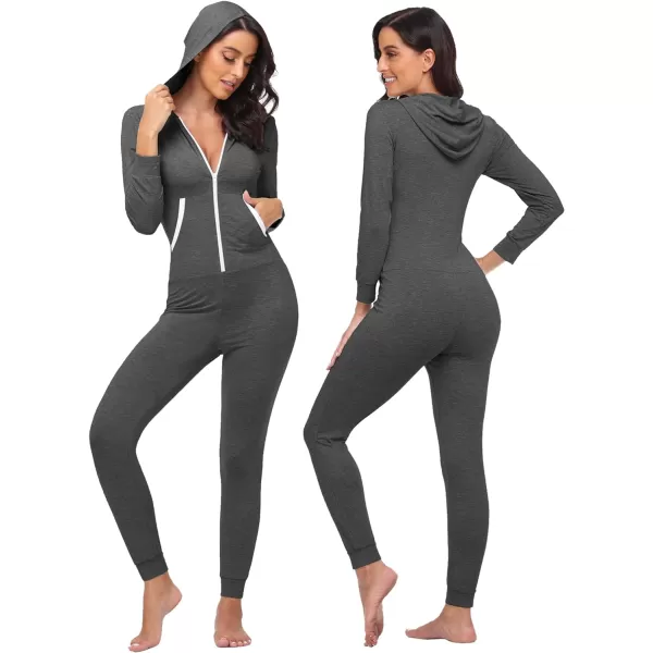 SWOMOG Womens Pajamas Jumpsuits Zipup Hoodie Union Jumpsuit Romper Sexy Onesie Long Sleeve Bodysuits One Piece SleepwearZ Deep Grey