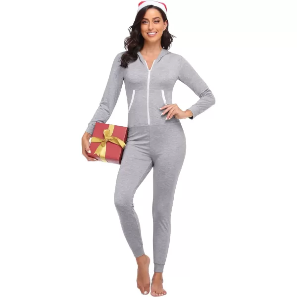 SWOMOG Womens Pajamas Jumpsuits Zipup Hoodie Union Jumpsuit Romper Sexy Onesie Long Sleeve Bodysuits One Piece SleepwearZ Grey