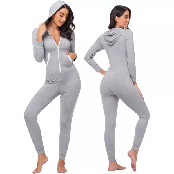 SWOMOG Womens Pajamas Jumpsuits Zipup Hoodie Union Jumpsuit Romper Sexy Onesie Long Sleeve Bodysuits One Piece SleepwearZ Grey