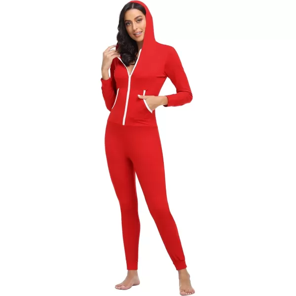 SWOMOG Womens Pajamas Jumpsuits Zipup Hoodie Union Jumpsuit Romper Sexy Onesie Long Sleeve Bodysuits One Piece SleepwearZ Red