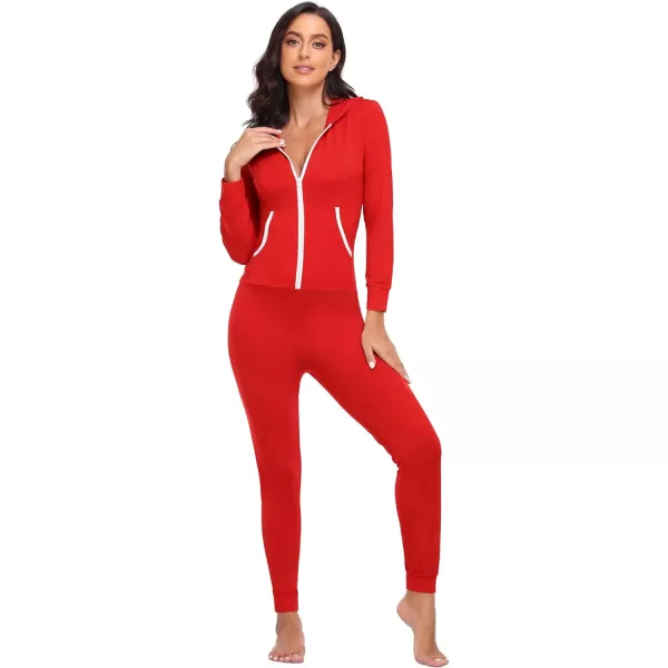 SWOMOG Womens Pajamas Jumpsuits Zipup Hoodie Union Jumpsuit Romper Sexy Onesie Long Sleeve Bodysuits One Piece SleepwearZ Red