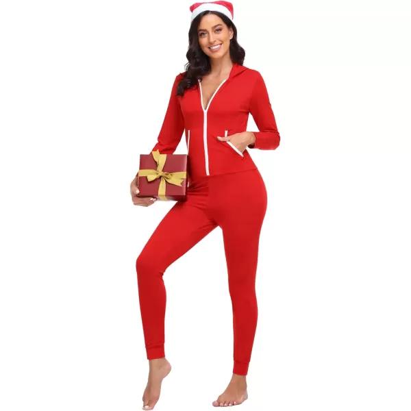 SWOMOG Womens Pajamas Jumpsuits Zipup Hoodie Union Jumpsuit Romper Sexy Onesie Long Sleeve Bodysuits One Piece SleepwearZ Red